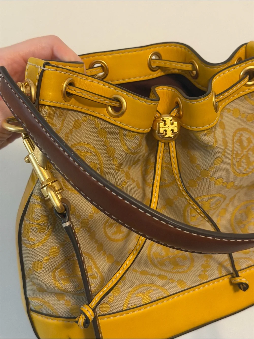 Tory Burch Yellow Logo Bucket Shoulder Bag with Brown Strap